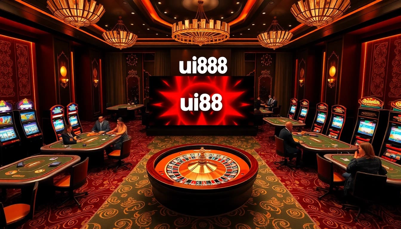 Experience the thrill of uu88 with a luxurious casino scene featuring roulette, poker tables, and slot machines.