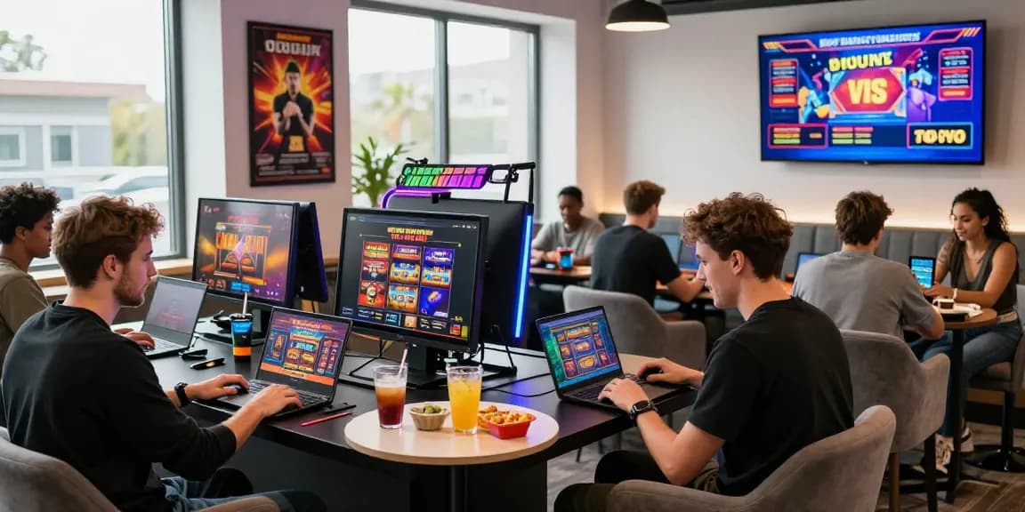 Players engaging with non UK casinos at https://rcnhca.org.uk in vibrant gaming lounge, showcasing excitement and modern design.