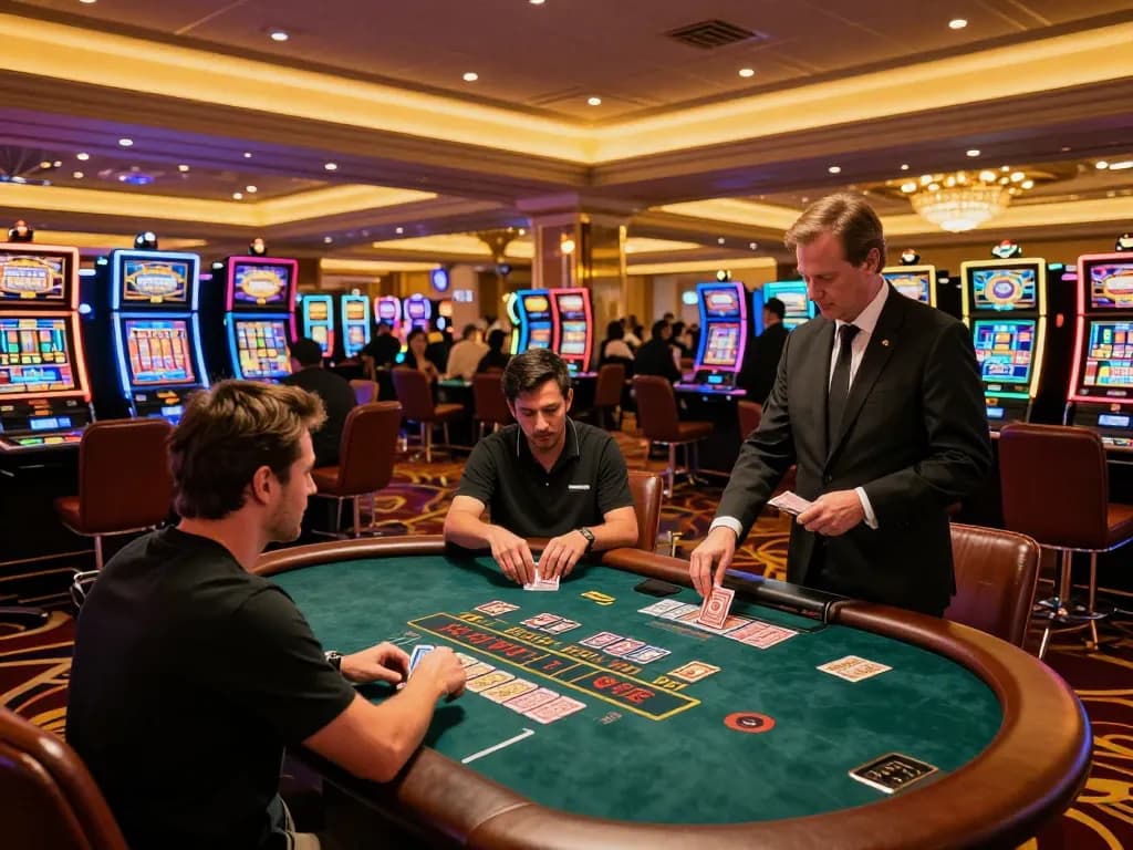 Players strategizing at a blackjack table in the TR88 casino, vibrant atmosphere and excitement visible.