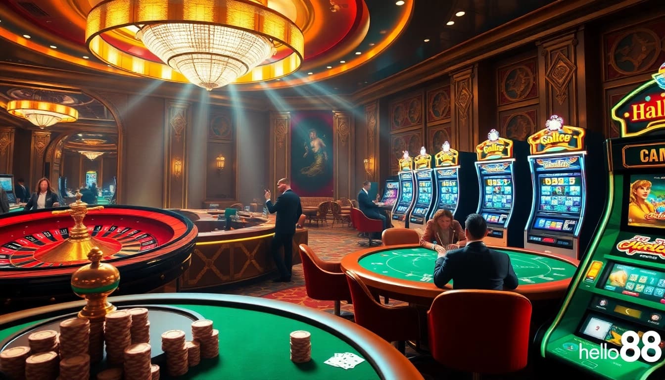 Experience the thrill of gambling at hello88 with a luxurious casino scene showcasing roulette and poker.