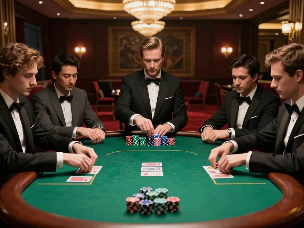 SIN88 players engaged in an intense poker game showcasing strategies and well-stacked chips in a luxury casino.