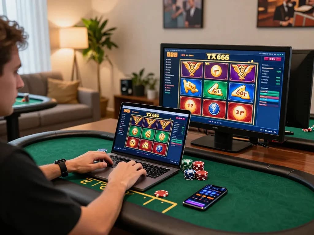 Engaging with TX 666 online gaming interface on a cozy setup, showcasing strategic casino experiences.