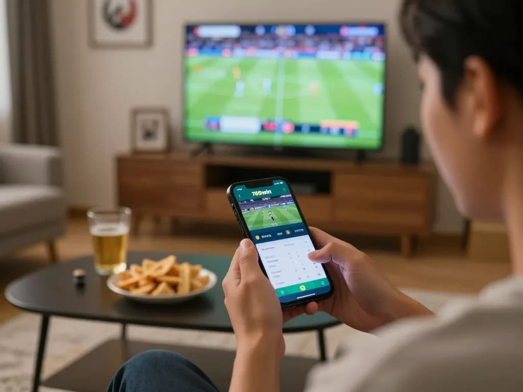 Experience thể thao 789win with thrilling sports betting at home, smartphone displaying betting odds.