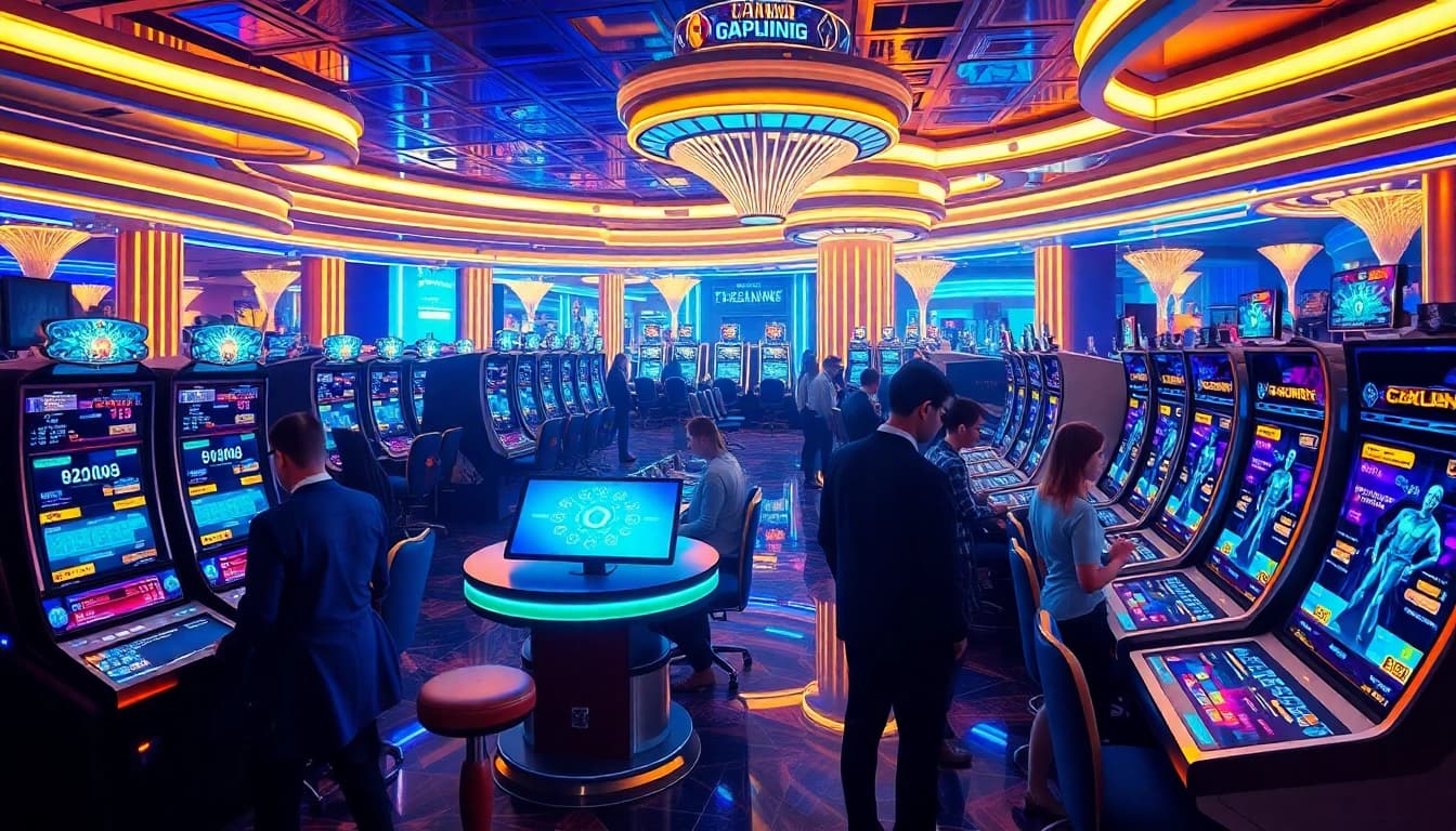 Explore New Technology in a futuristic casino with VR gaming stations and holographic displays.