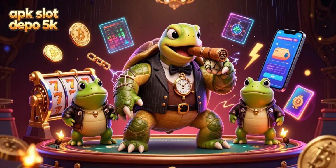Experience the thrill of apk slot depo 5k with our vibrant 3D illustration of a cartoon turtle and frogs in a casino scene.