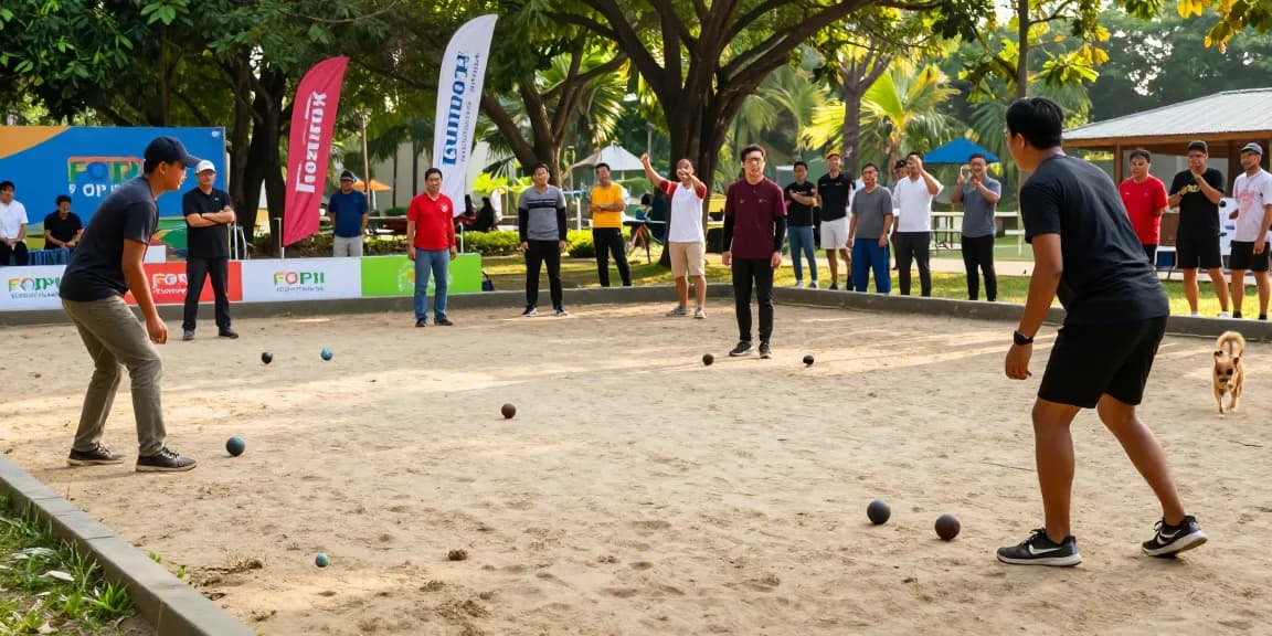 Players enjoying petanque at a warm, sunny FOPI Kota Tomohon event.