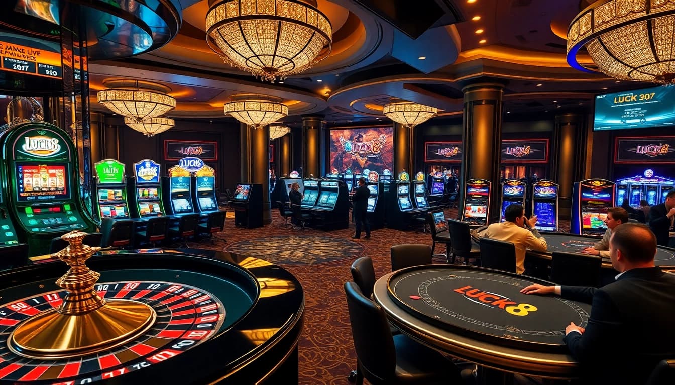 Experience thrilling gameplay and excitement at LUCK8 with vibrant casino visuals showcasing roulette and poker.