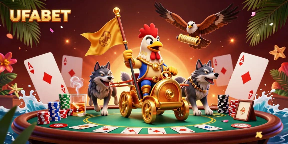 Bet on UFABET with exciting 3D casino characters celebrating victory amidst vibrant gambling elements.