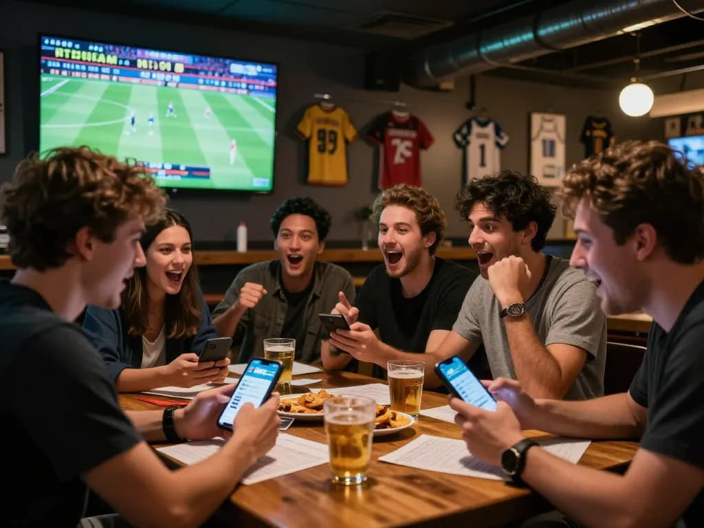 Friends placing bets and enjoying a live game using the 86bet app in a lively sports bar.