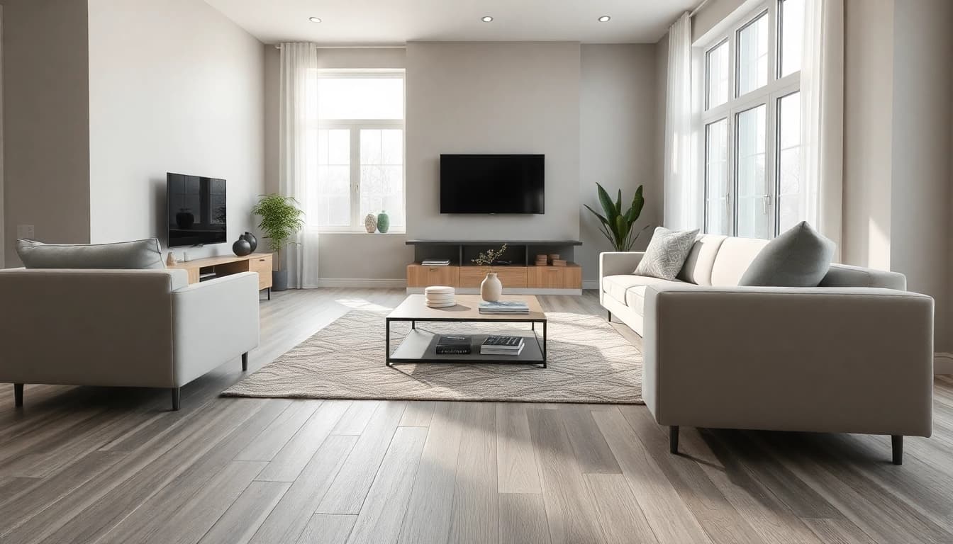 Enhance your space with stunning grey oak LVP flooring Chicago in a modern living room setting.