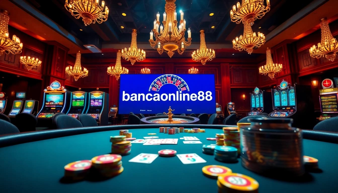bancaonline88 showcases an exciting poker table with colorful chips, enhancing an immersive casino atmosphere.
