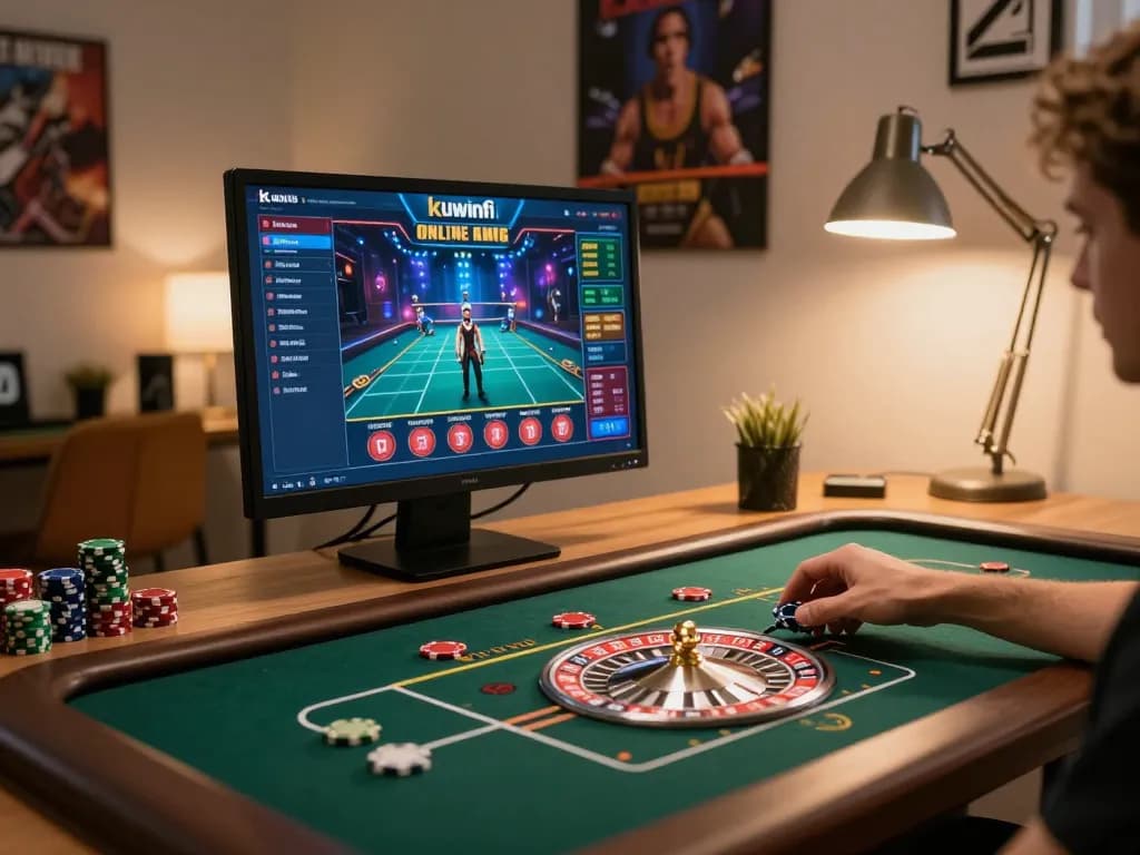 Kuwinfi player engaging in an online roulette game with vibrant interface and strategic chip placement.