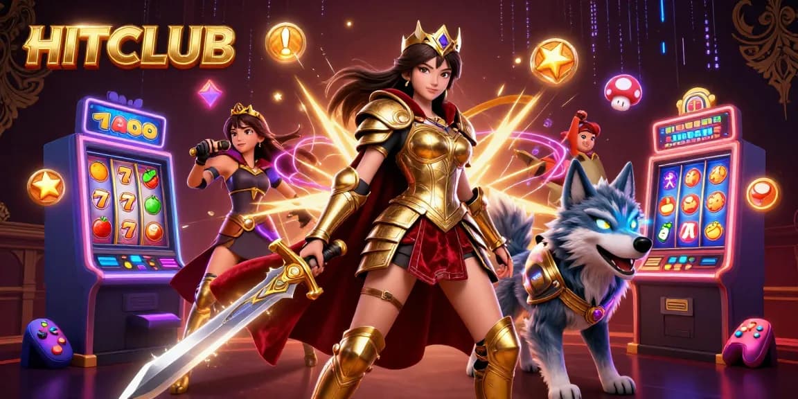 Experience excitement at HITCLUB with vibrant slot machines, a warrior queen, and thrilling gaming elements.