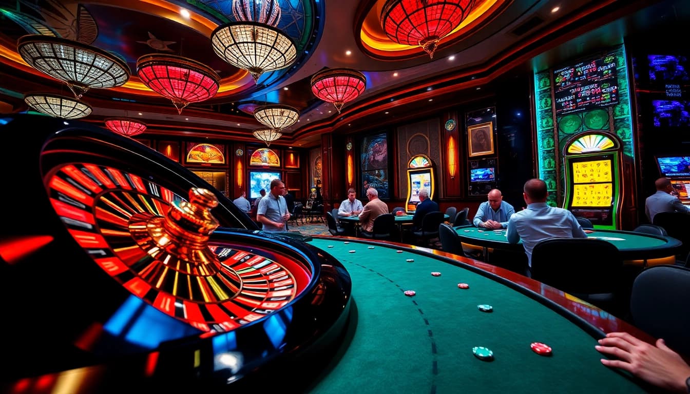 Experience thrilling gameplay at HM88 with vibrant casino tables and a spinning roulette wheel.