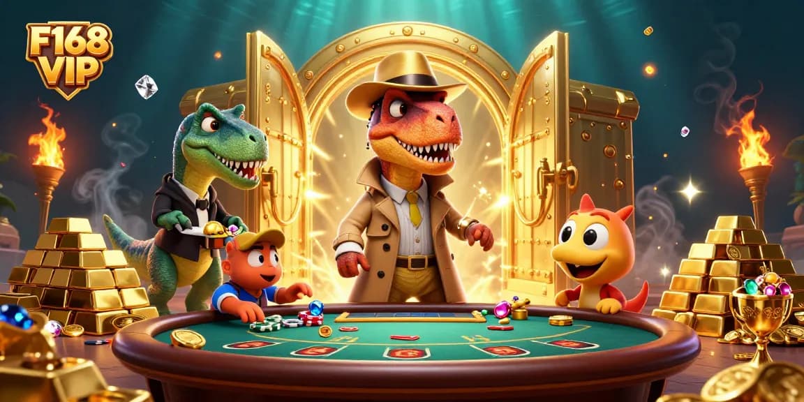 Experience F168 VIP's vibrant gaming world with our 3D illustration of unique characters and casino excitement.