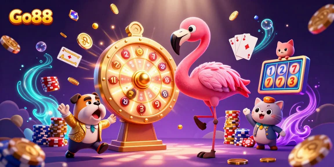 Join the excitement of Go88 with this lively casino scene showcasing games, prizes, and festive elements.