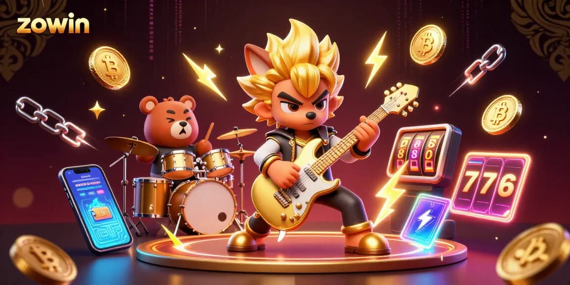 Zowin's thrilling casino illustration features a rock star wolf and a drummer bear surrounded by vibrant slot game elements.