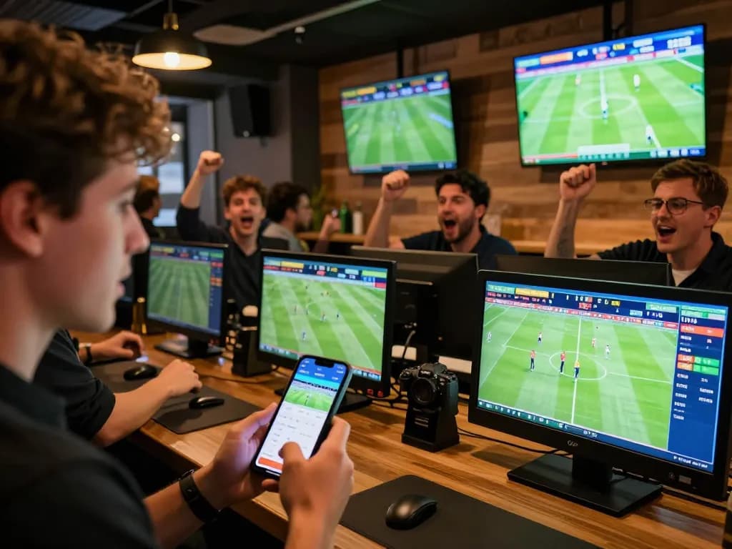 Engaging sports betting moment with cakhiatv app in use, showing live match updates and excitement among bettors.