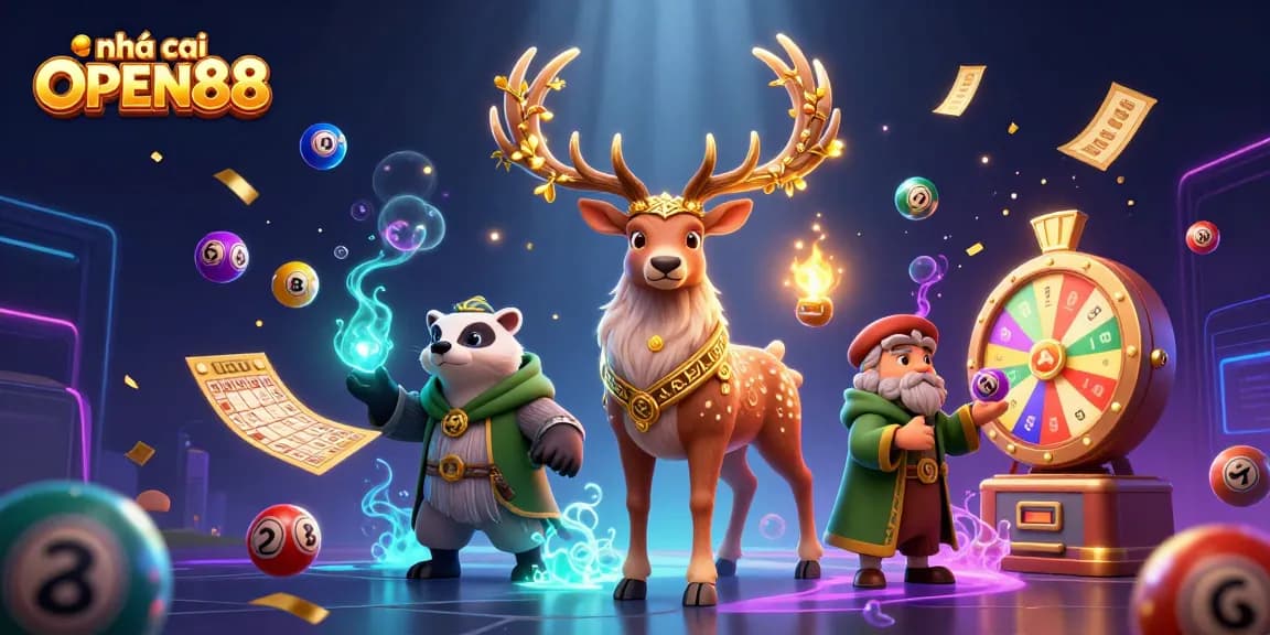 Engage with the exciting world of nhà cái OPEN88 through vibrant lottery-themed visuals and dynamic elements.