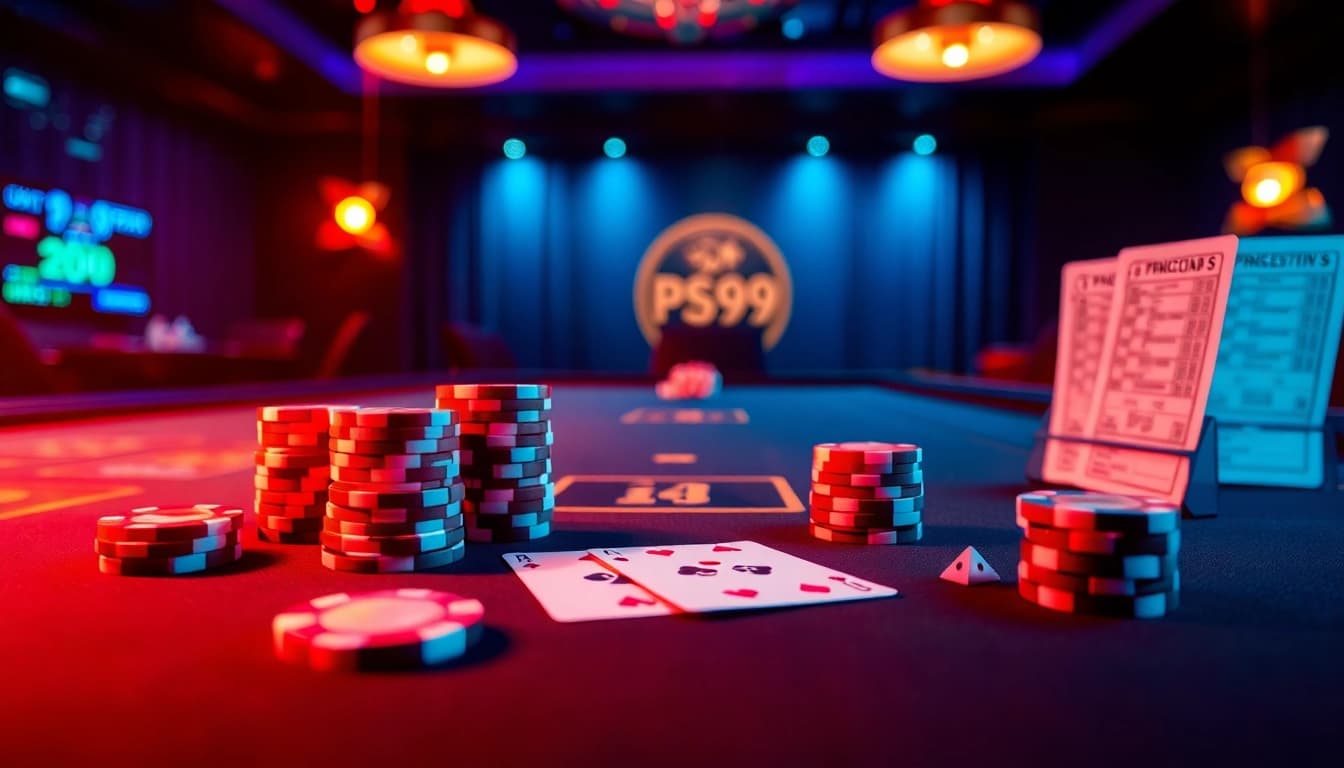 Experience thrilling betting at PS99 thể thao with vibrant gaming tables and luxurious poker chips.