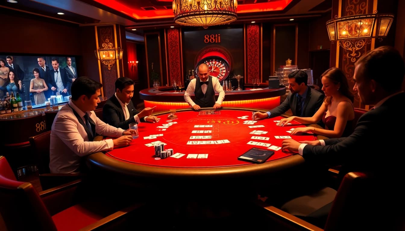 Players strategizing at a poker table featuring the 88i theme, capturing a thrilling casino moment.