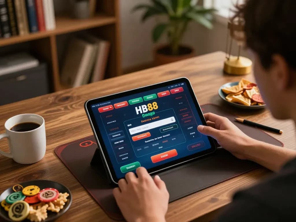 Engaging moment of HB88 đăng nhập via tablet in a cozy home environment, showcasing online betting excitement.