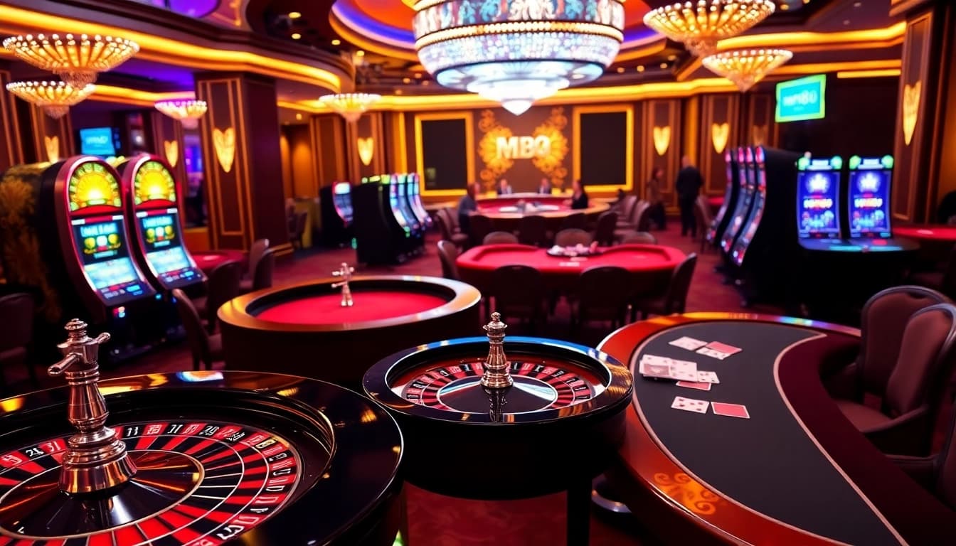 Players enjoying diverse games at mm88's luxurious casino, featuring poker, roulette, and slot machines.