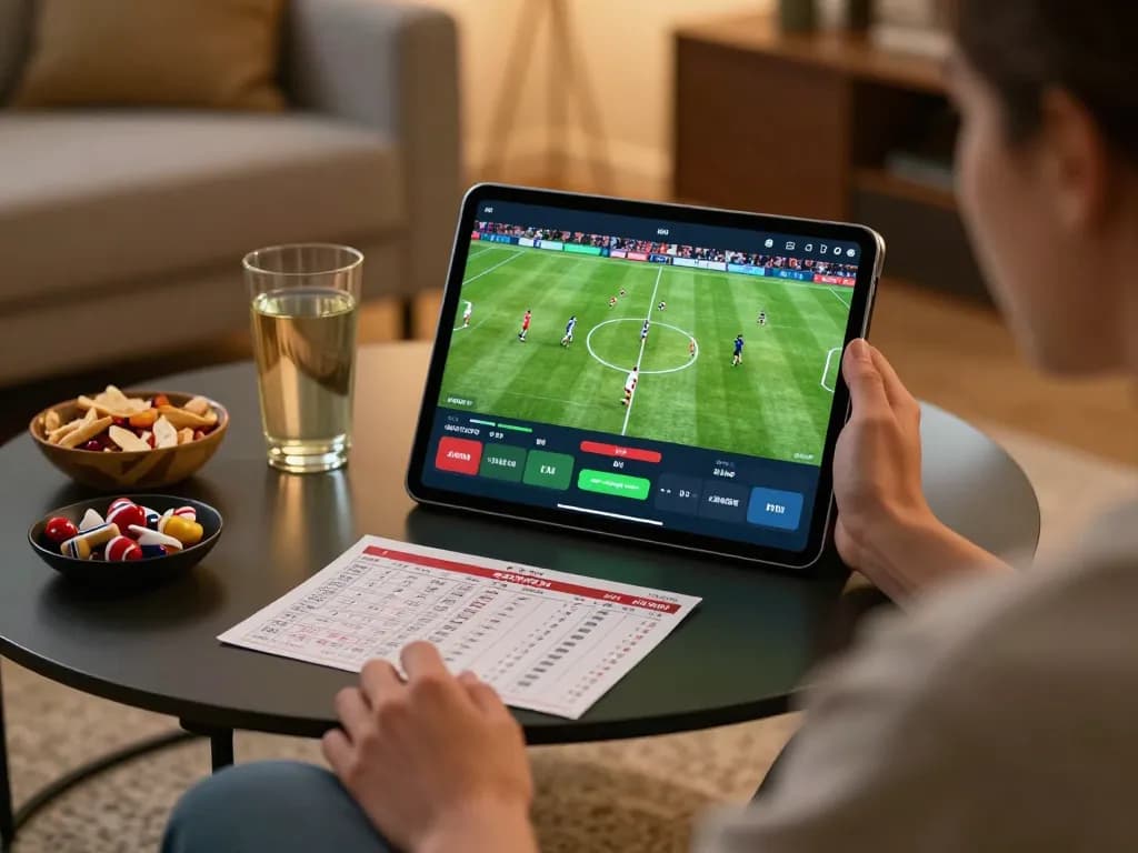 KQBD user placing a live sports bet during a football match with tablet interface