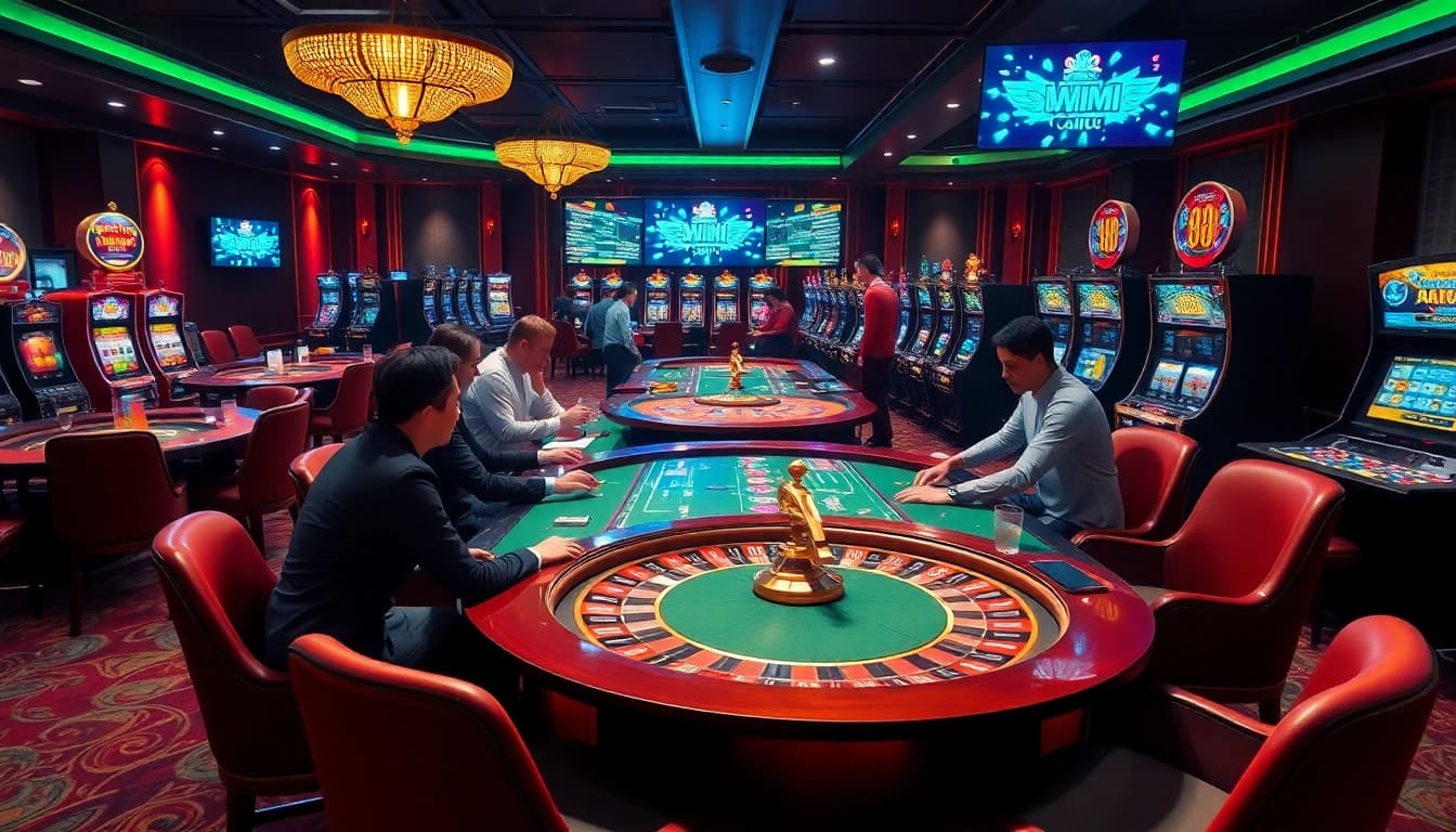 Gambling enthusiasts enjoying the casino experience at https://98winn.it.com/, surrounded by vibrant gaming action.