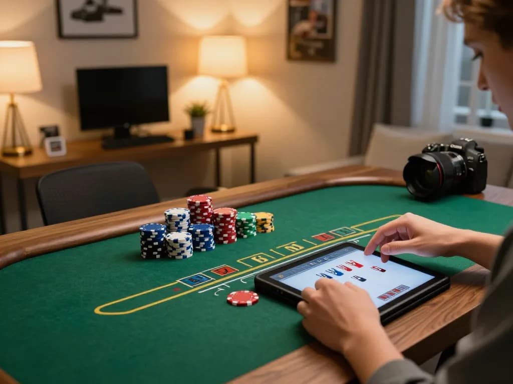Engaging in live blackjack at home, featuring bk8 dad tablet gameplay and colorful poker chips.