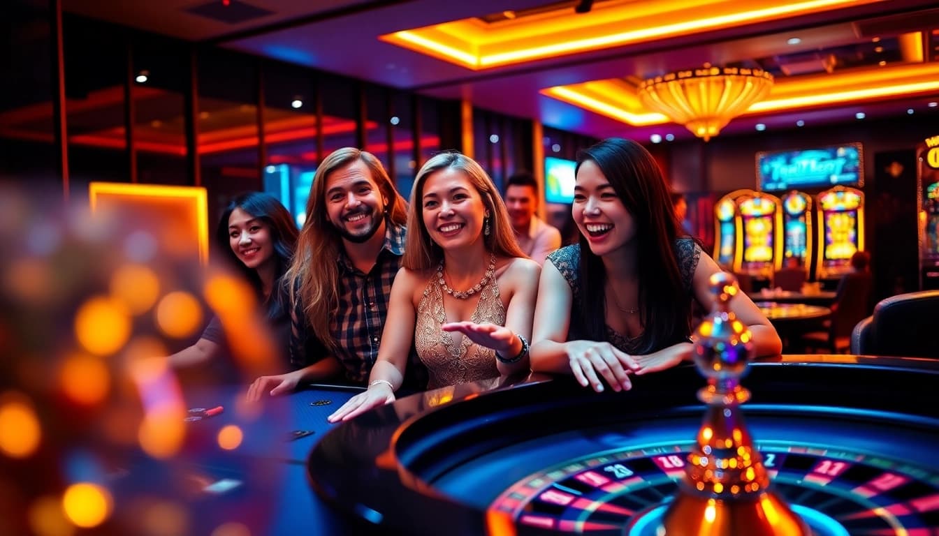 Discover the vibrant atmosphere of thabet casino with engaged players, glowing slot machines, and gaming tables.