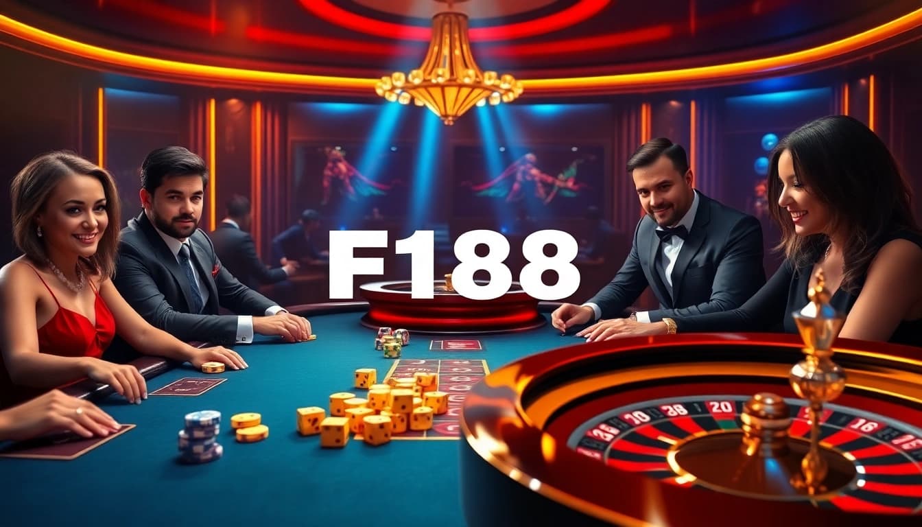 Experience the thrill of F168 as players engage in poker and roulette at a luxurious casino table.
