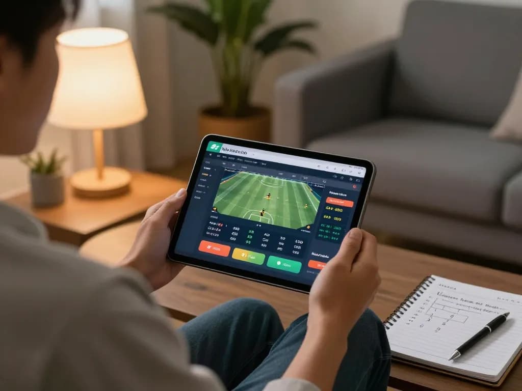 Kèo nhà cái user reviewing betting odds on tablet in a cozy home setting.