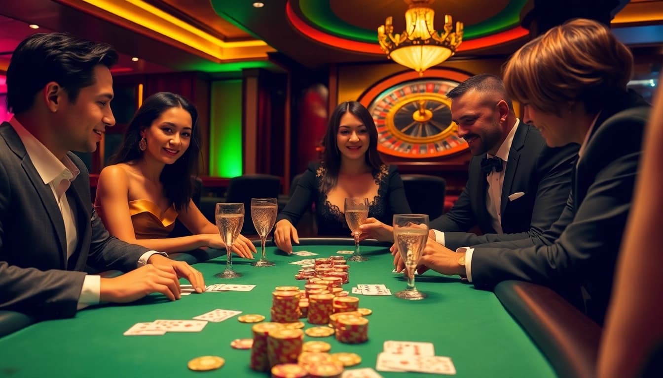 Players engaged in poker with 88i chips, showcasing excitement in a luxurious casino setting.