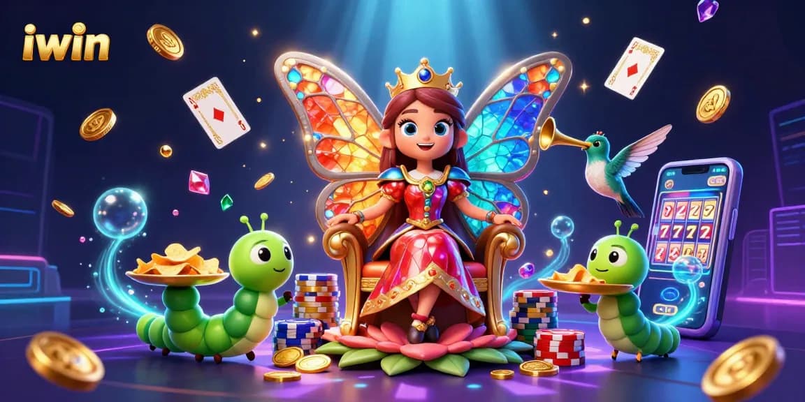 Spin and win with iwin’s vibrant casino scene featuring butterfly queen and gold chips.