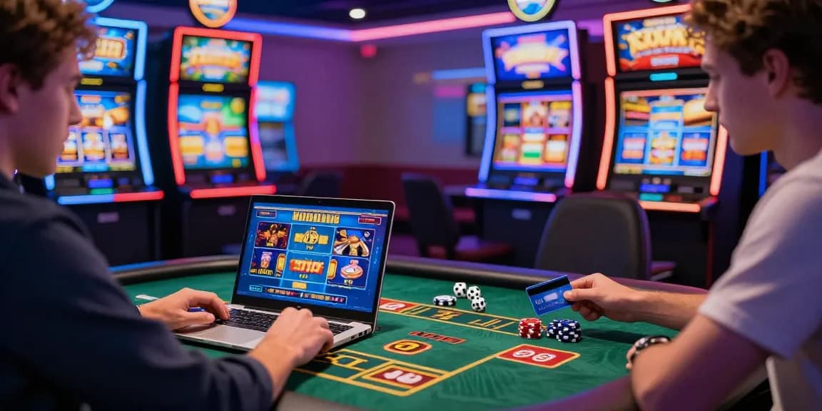 Player engaging at casinos that accept credit cards, using a laptop in an exciting online casino environment with colorful game displays.