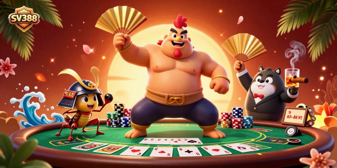 Witness SV388's intense cockfighting scene with a powerful sumo rooster and fierce cricket, enhanced by vibrant poker elements.