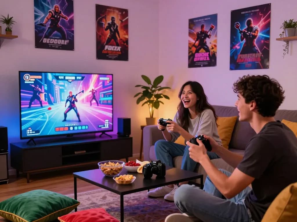 Players enjoying a thrilling sex simulator game in a cozy living room setting.