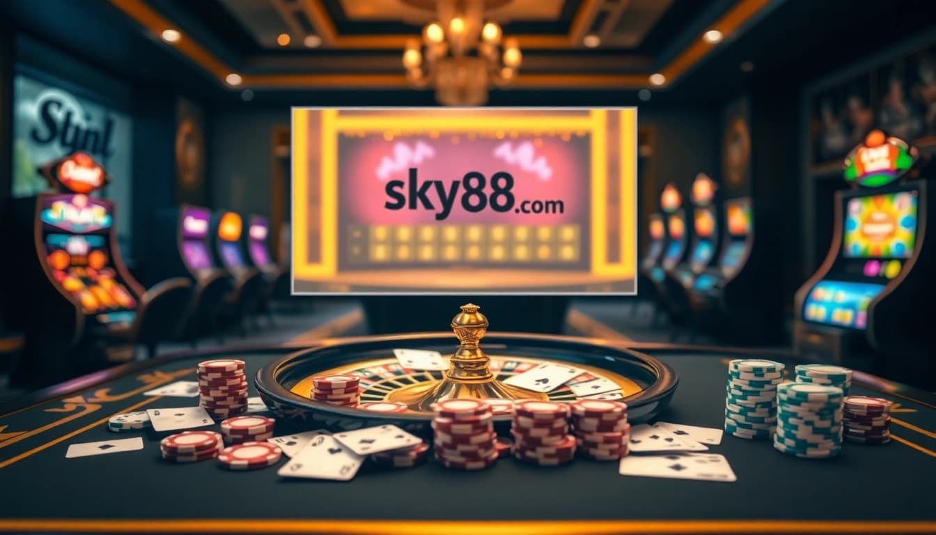 Experience thrilling gambling action at https://sky88sk.com/ with a vibrant casino atmosphere featuring cards and chips.