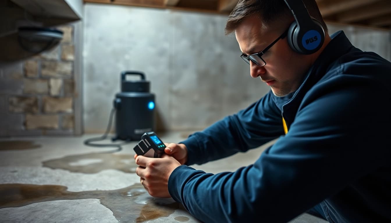 Technician detecting a leak in concrete floor using advanced tools for professional leak detection services.