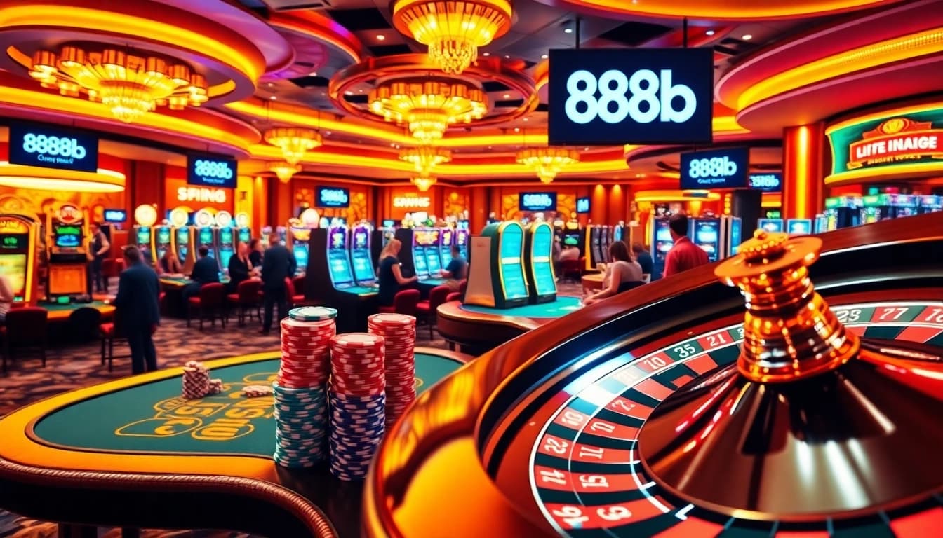 Experience the thrill of winning with 888b at an exciting casino scene filled with vibrant colors and action.