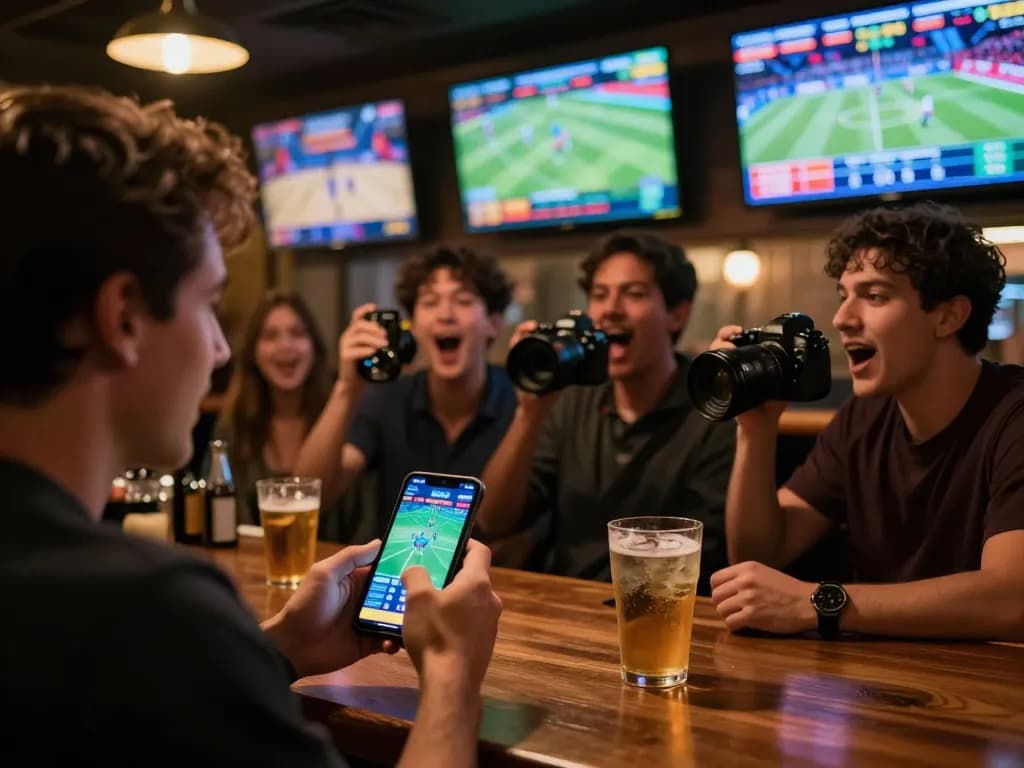 Fly88 nhà cái - Enthusiastic bettors engaged in sports betting at a lively bar, showcasing excitement.