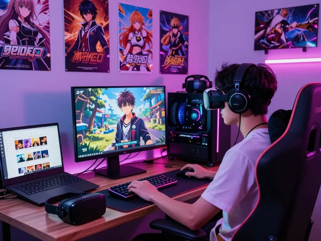 Gamer enjoying free porn games on a high-resolution monitor in an immersive gaming setup.