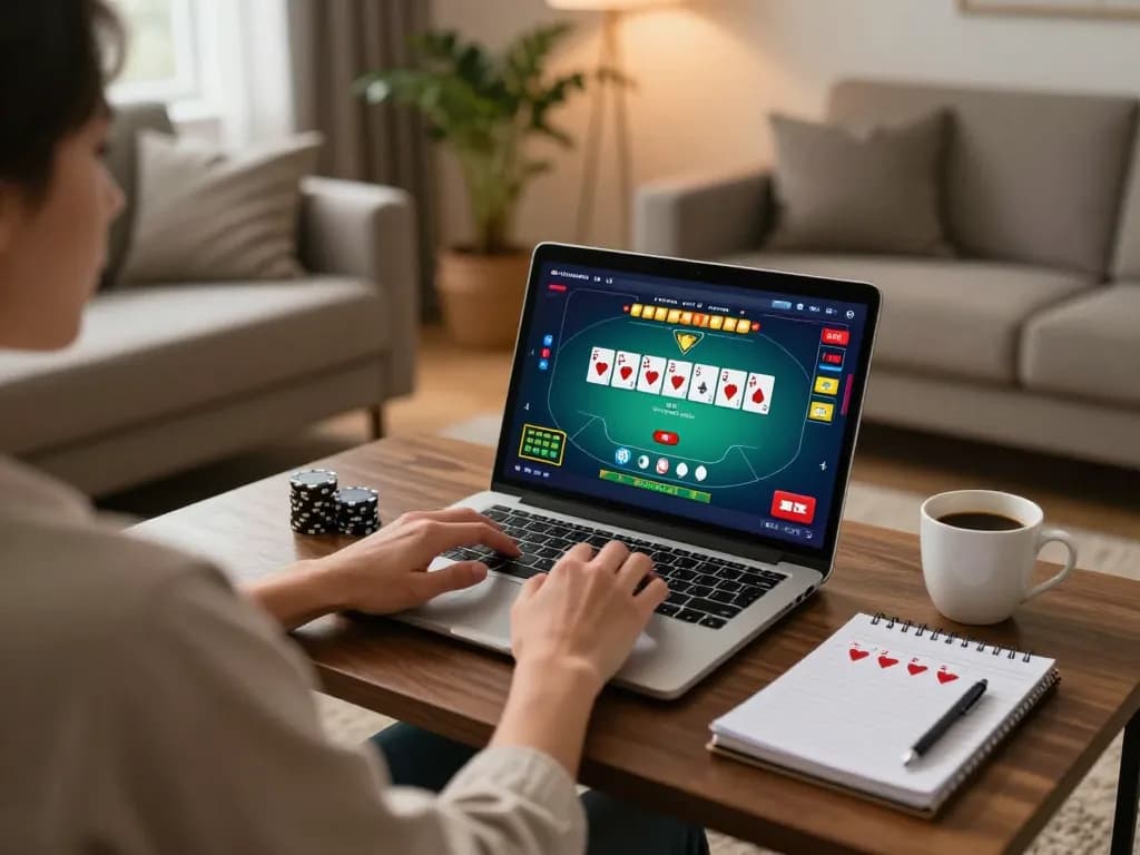 Engaging in online casino gaming at home with cm88 app, showcasing a strategic poker interface.