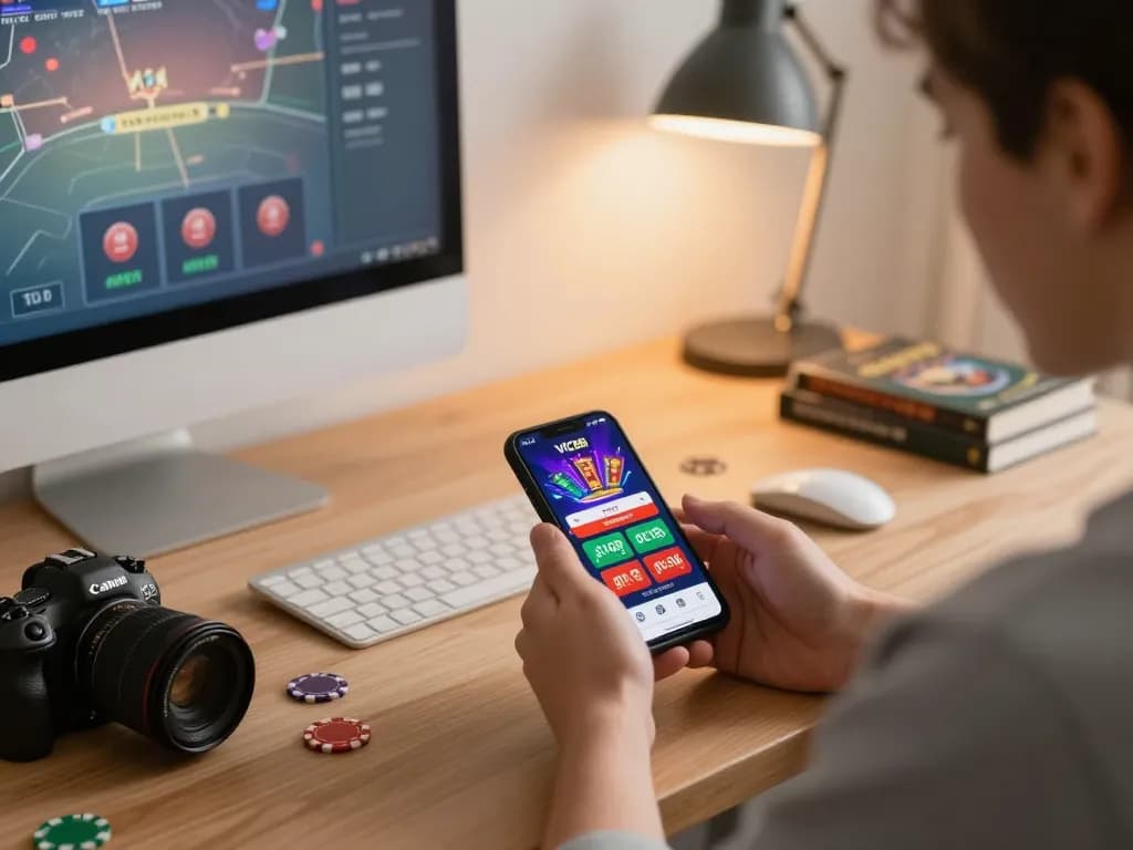 Player using the VIC88 app on smartphone for an immersive online gambling experience.