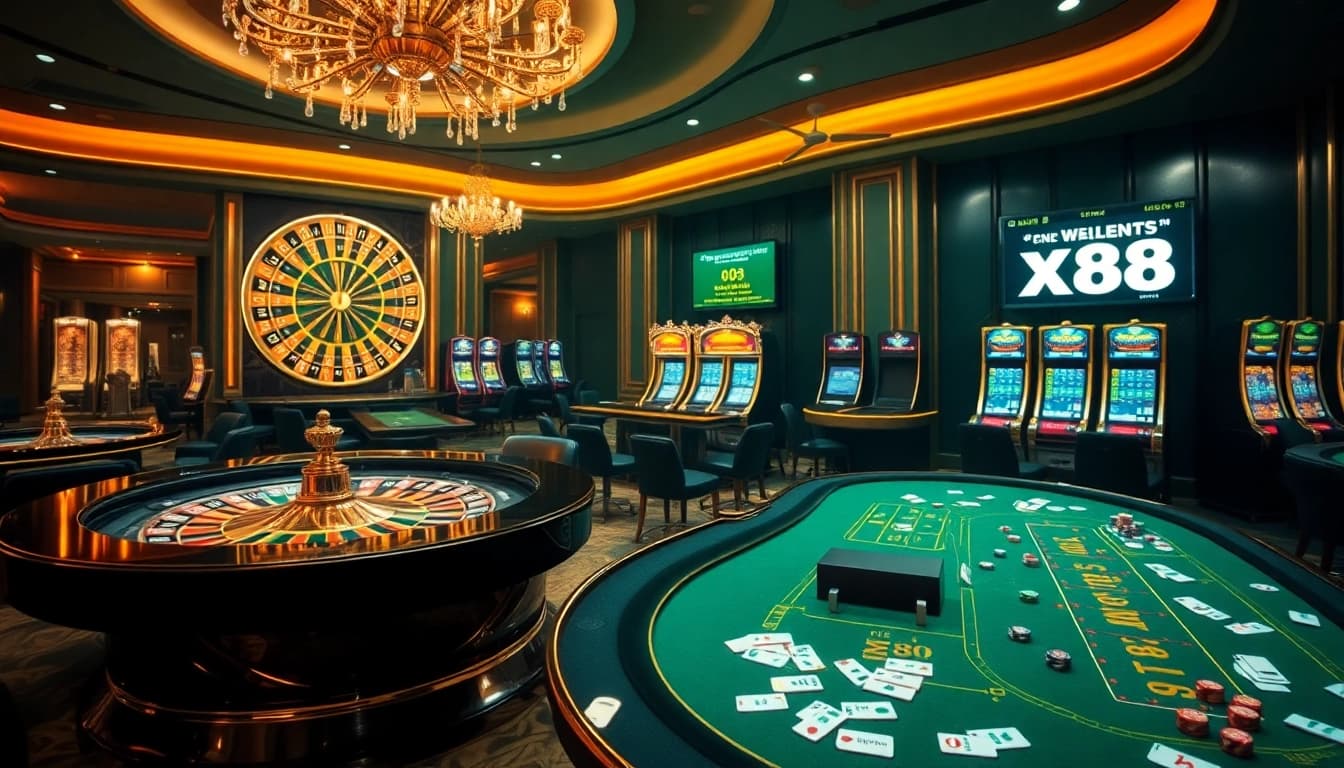 Experience the excitement of gambling at XX88 with luxurious casino tables and vibrant slot machines.