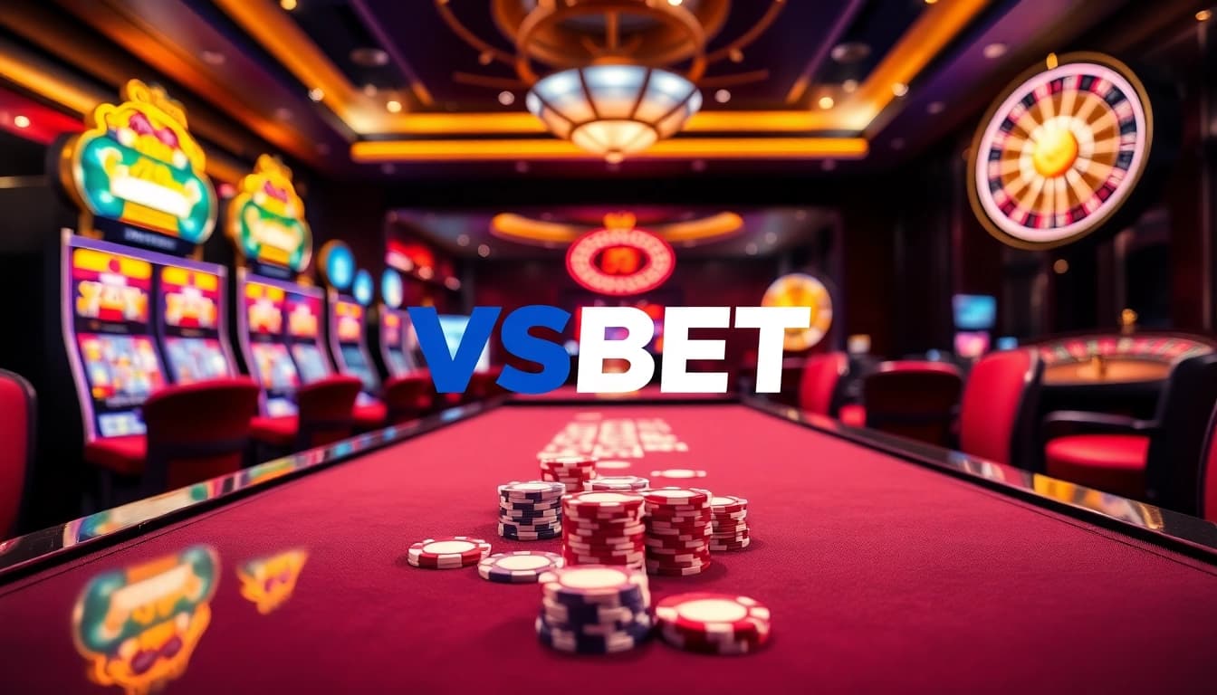 Experience thrilling gaming action at VSBET with vibrant casino tables and colorful slot machines.