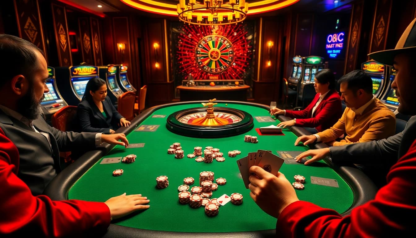 High-stakes poker action at a casino featuring 88i themed chips and glamorous ambiance.