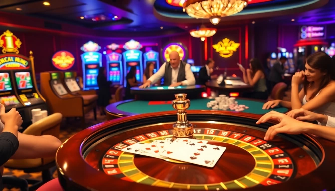 Excited players engaging at a poker table and roulette wheel at 789club casino.