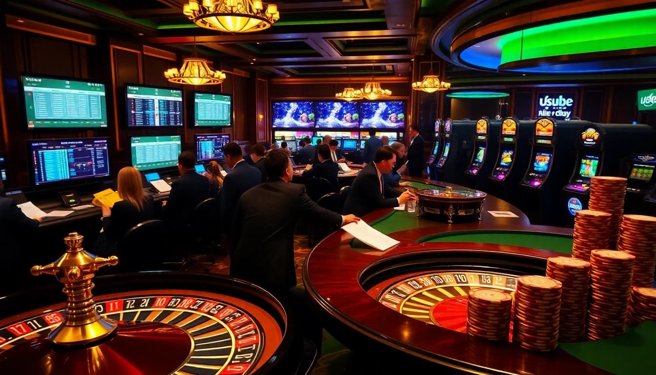 Betting excitement at a luxury casino scene showcasing usbet strategies with vibrant screens and cards.